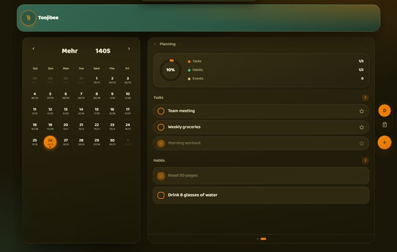 Toojibee's desktop layout: a full monthly calendar next to the day's agenda and a side toolbar