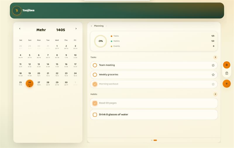 Toojibee's desktop layout: a full monthly calendar next to the day's agenda and a side toolbar