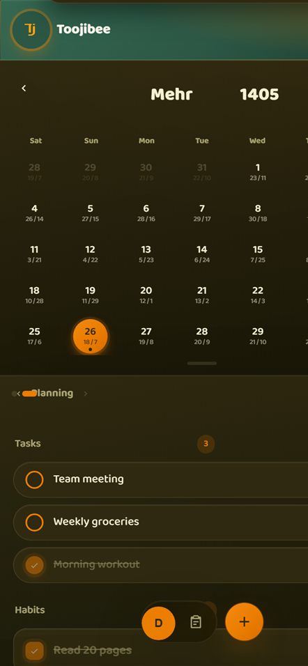 Toojibee's home screen: a weekly calendar strip, the day's progress ring, and today's tasks and habits