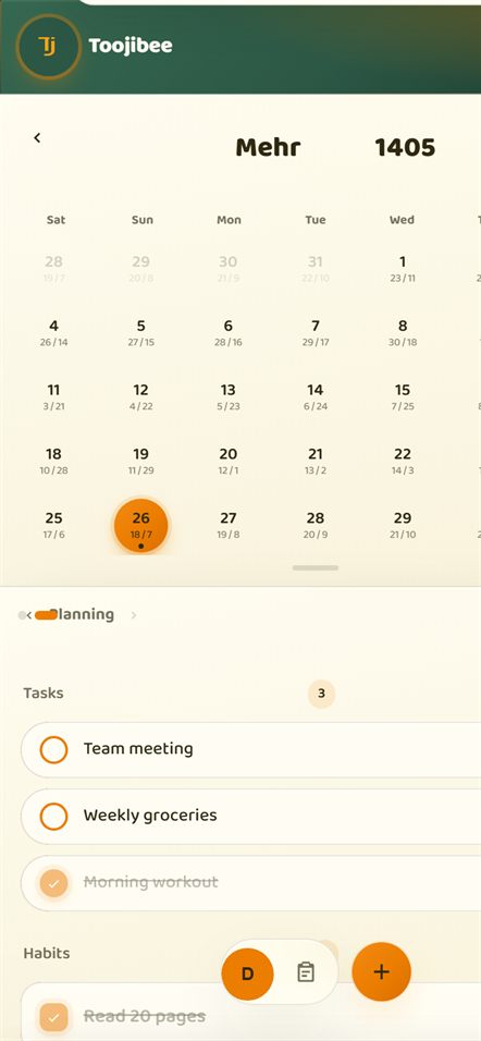 Toojibee's home screen: a weekly calendar strip, the day's progress ring, and today's tasks and habits